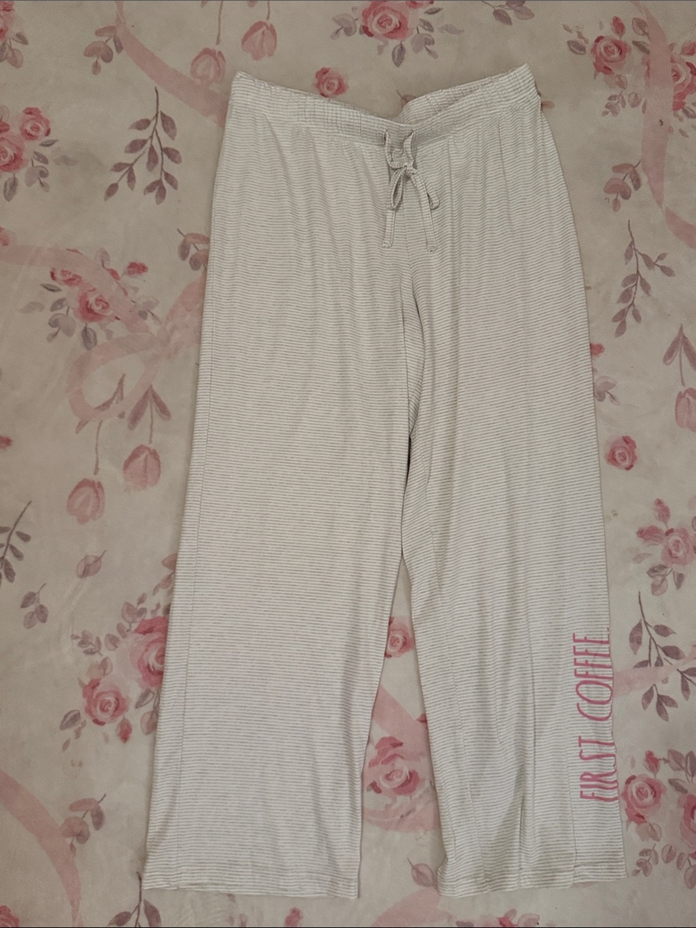 Rae Dunn Cream Striped Lounge Pants with Pink 'First Coffee' Graphic
